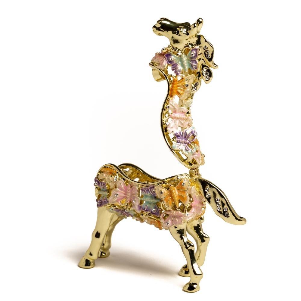 Golden Horse trinket box adorned with butterflies and Austrian crystals, showcasing intricate enamel painting and luxurious gold or silver plating.