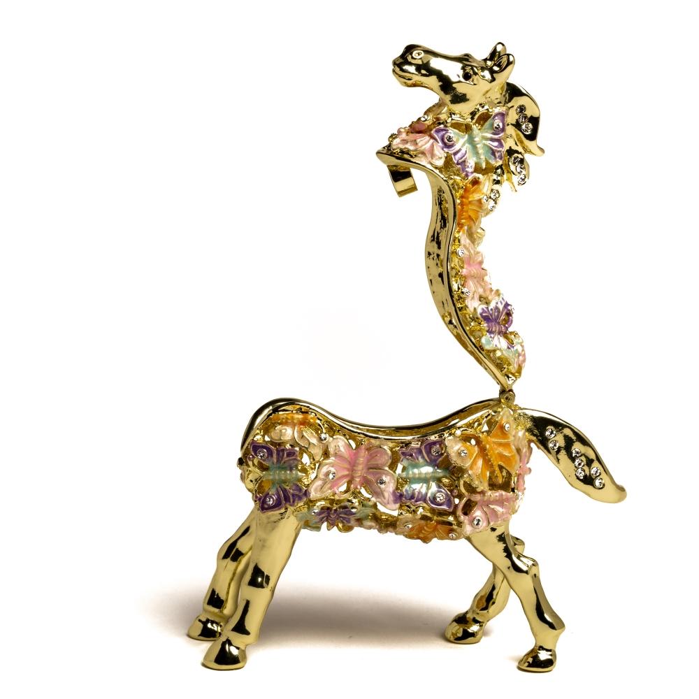 Golden Horse trinket box adorned with butterflies and Austrian crystals, showcasing intricate enamel painting and luxurious gold or silver plating.