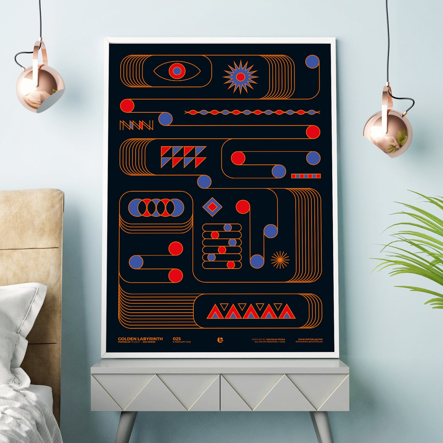 Golden Labyrinth poster featuring intricate patterns and vibrant colors on thick matte paper, perfect for home or office decor.