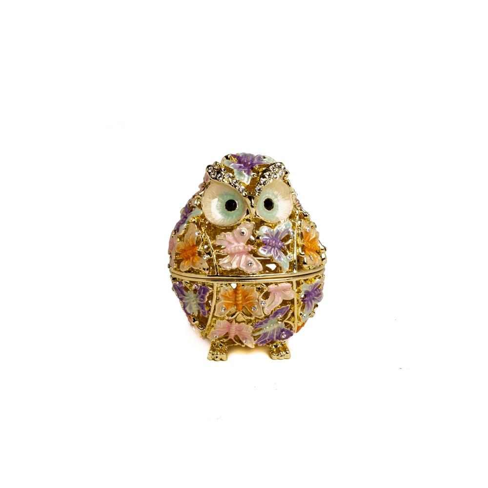 Golden owl trinket box decorated with colorful butterflies and Austrian crystals, showcasing intricate enamel painting and luxurious gold plating.