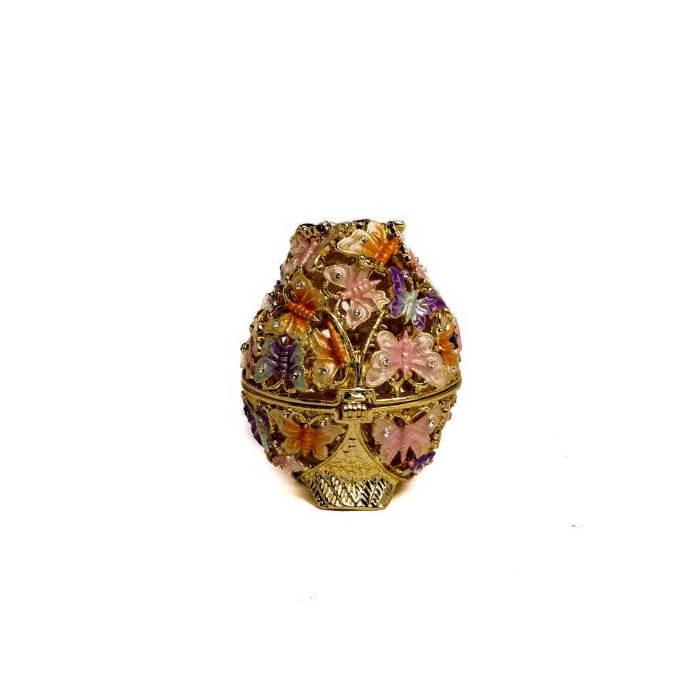 Golden owl trinket box decorated with colorful butterflies and Austrian crystals, showcasing intricate enamel painting and luxurious gold plating.