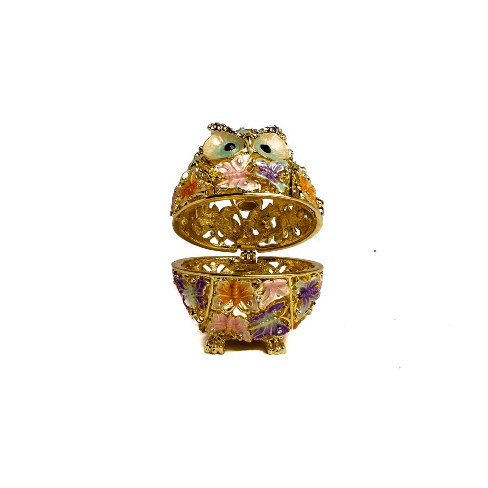 Golden owl trinket box decorated with colorful butterflies and Austrian crystals, showcasing intricate enamel painting and luxurious gold plating.