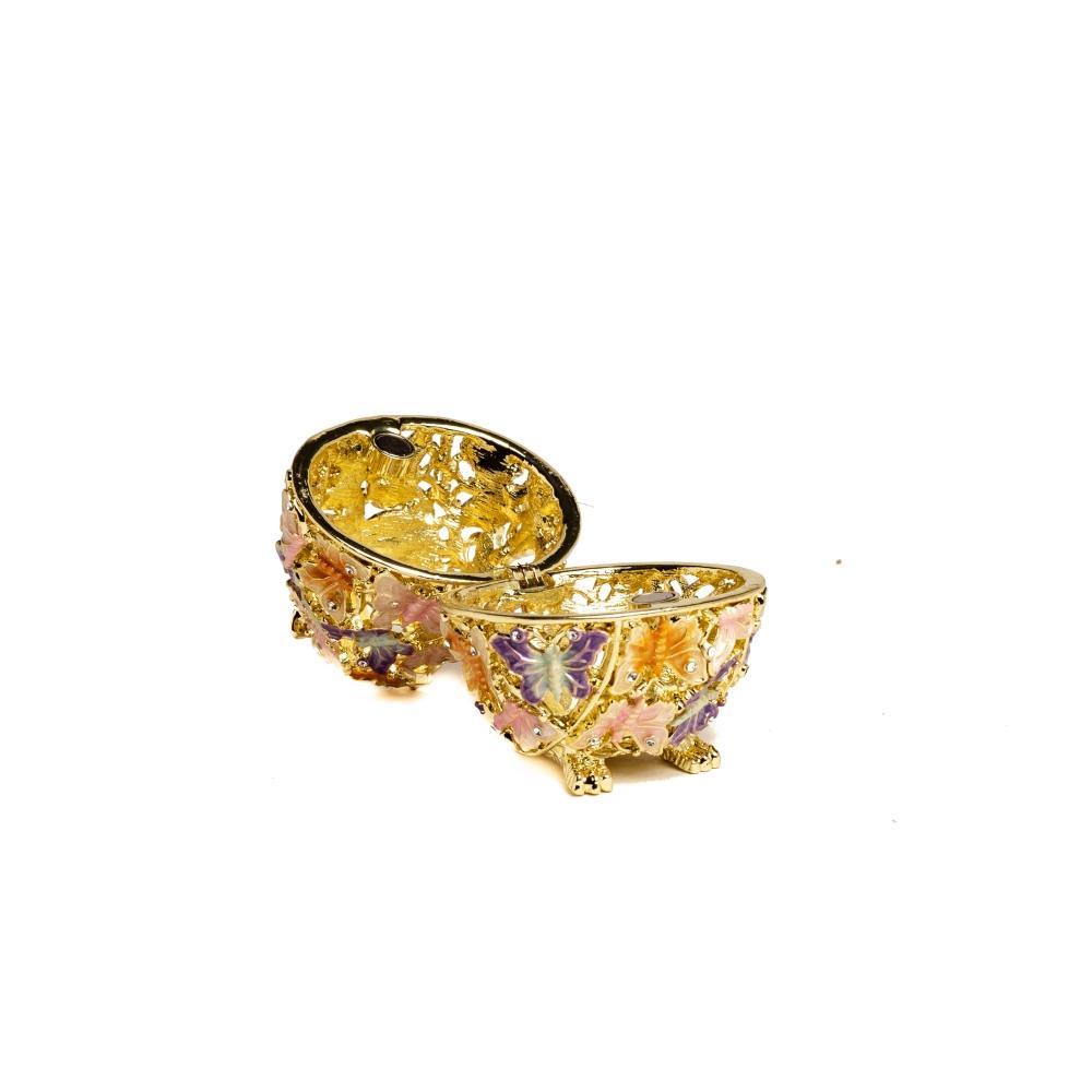 Golden owl trinket box decorated with colorful butterflies and Austrian crystals, showcasing intricate enamel painting and luxurious gold plating.