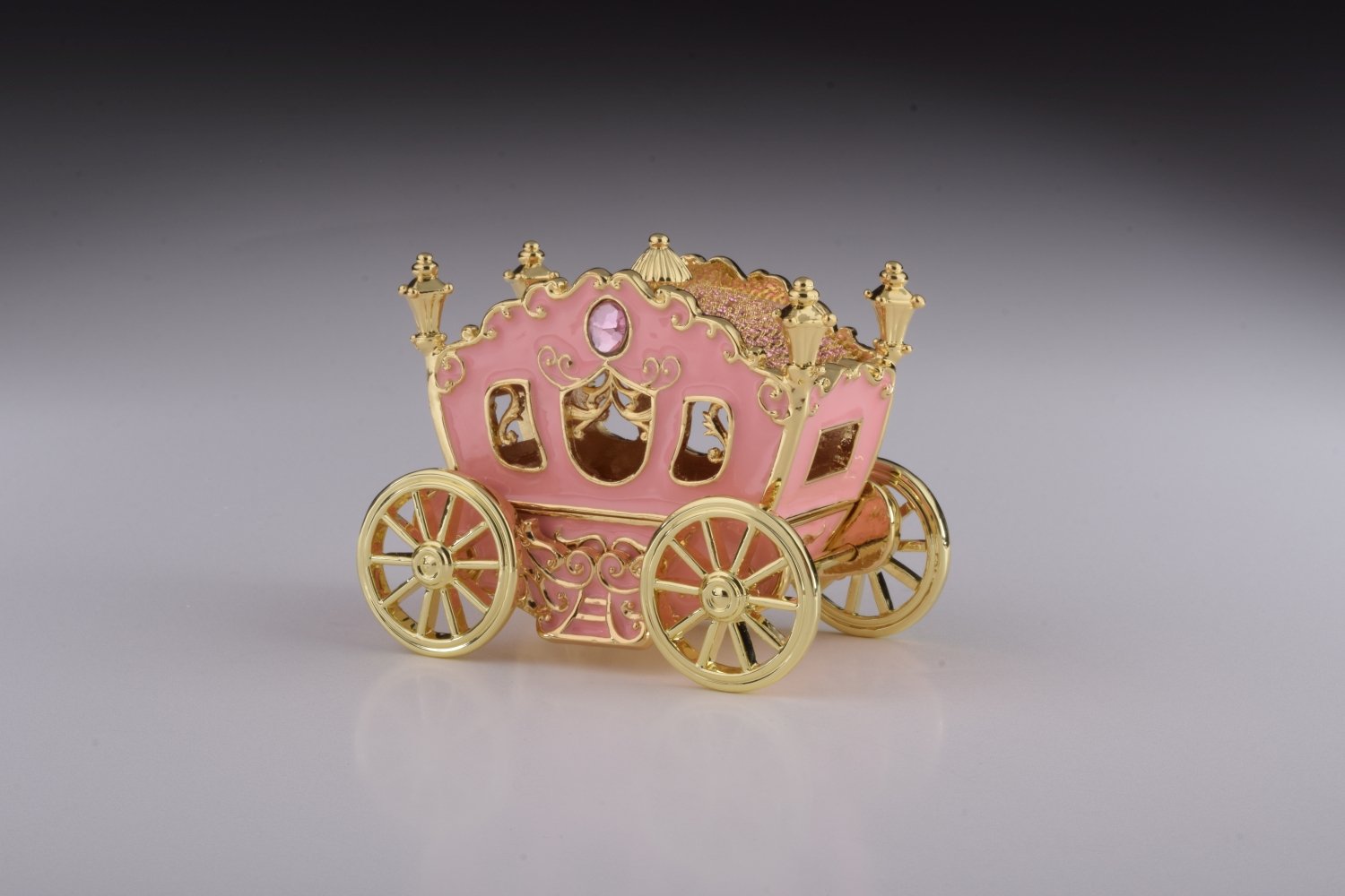 Golden Pink Carriage trinket box with Austrian crystals, handcrafted by Keren Kopal, featuring 24K gold plating.