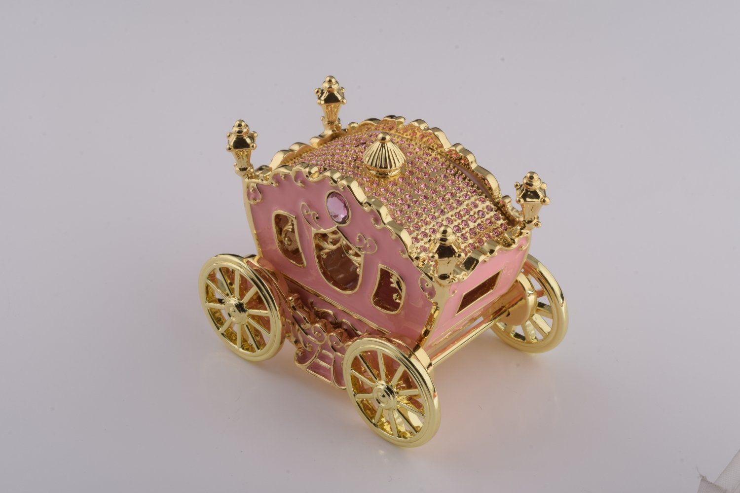 Golden Pink Carriage trinket box with Austrian crystals, handcrafted by Keren Kopal, featuring 24K gold plating.