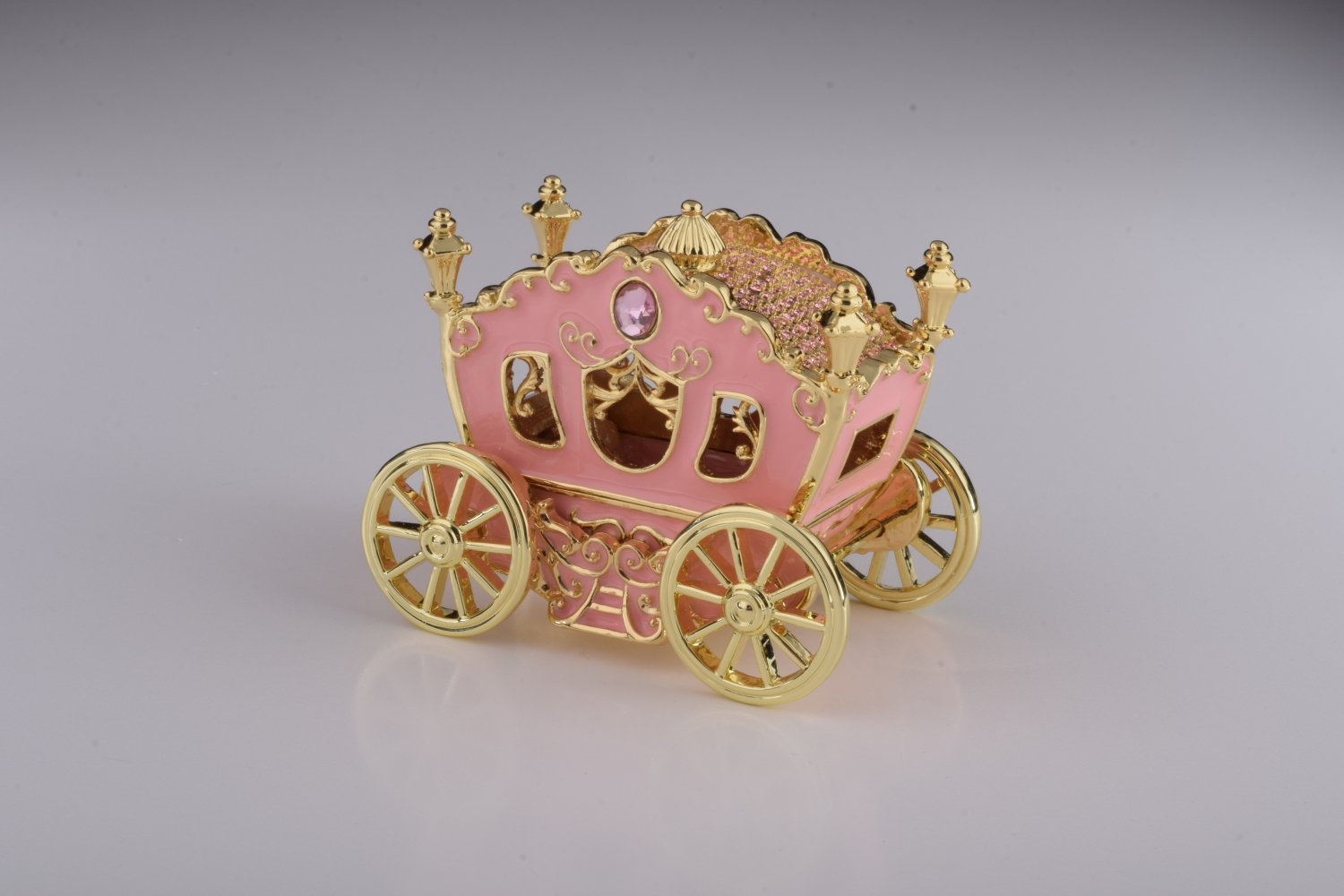 Golden Pink Carriage trinket box with Austrian crystals, handcrafted by Keren Kopal, featuring 24K gold plating.