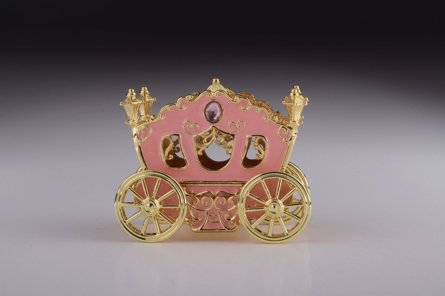 Golden Pink Carriage trinket box with Austrian crystals, handcrafted by Keren Kopal, featuring 24K gold plating.