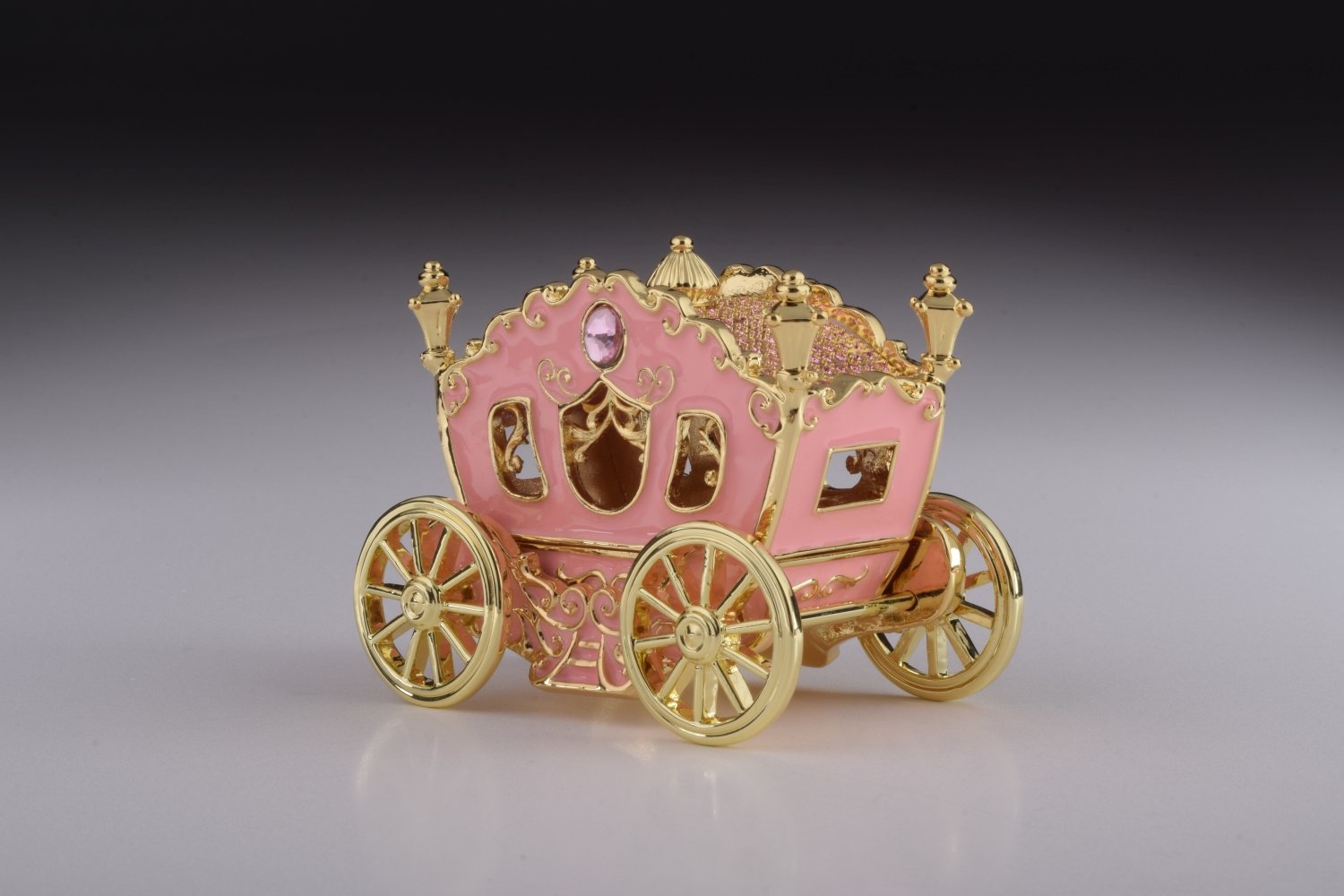 Golden Pink Carriage trinket box with Austrian crystals, handcrafted by Keren Kopal, featuring 24K gold plating.