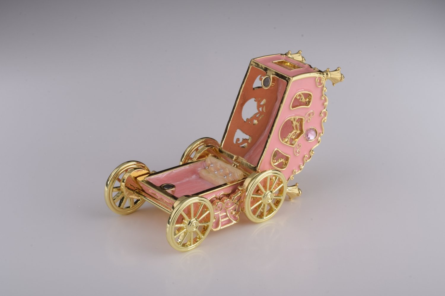 Golden Pink Carriage trinket box with Austrian crystals, handcrafted by Keren Kopal, featuring 24K gold plating.