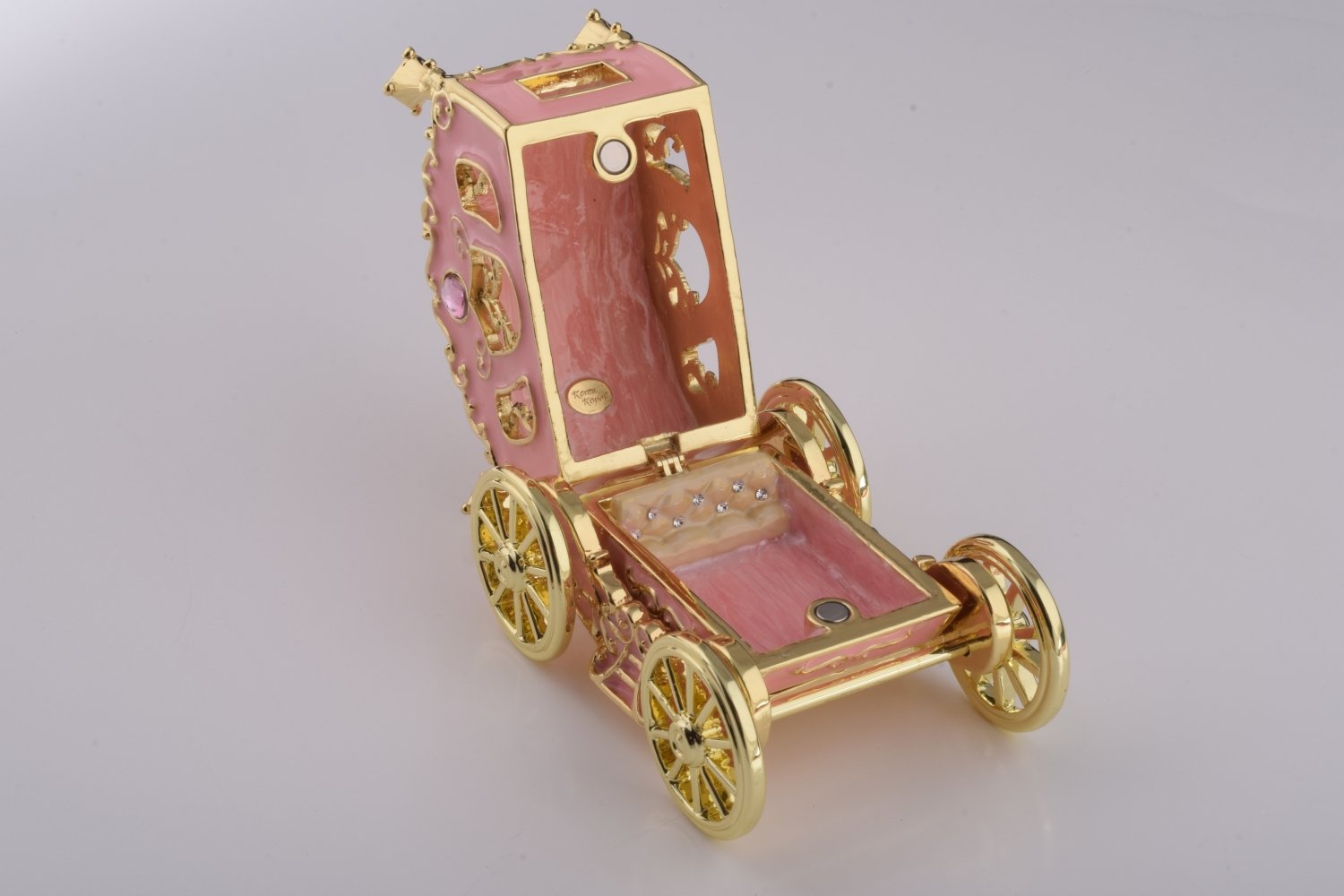 Golden Pink Carriage trinket box with Austrian crystals, handcrafted by Keren Kopal, featuring 24K gold plating.