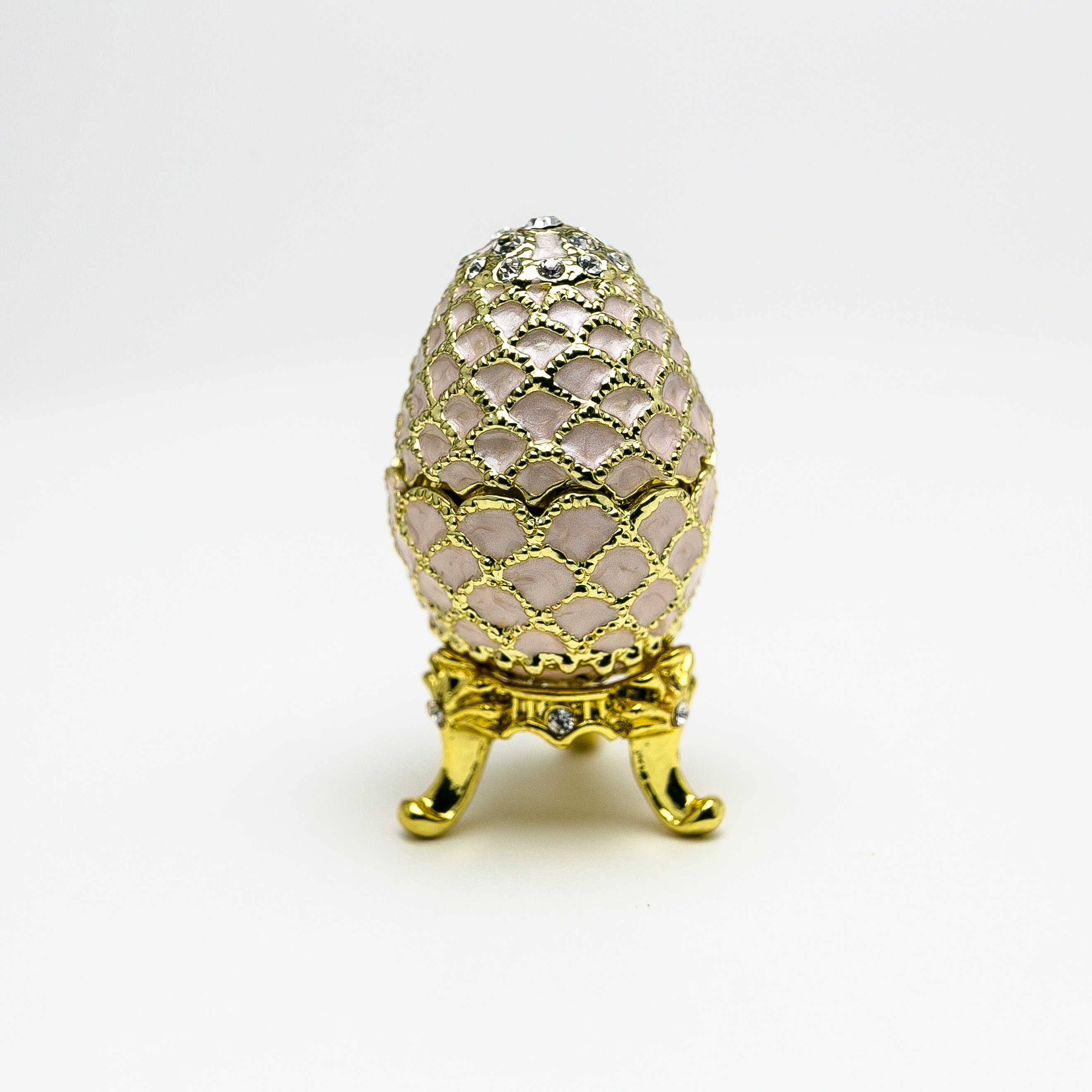 Golden Pink Faberge Egg trinket box with Austrian crystals and 24K gold plating, showcasing intricate enamel painting.