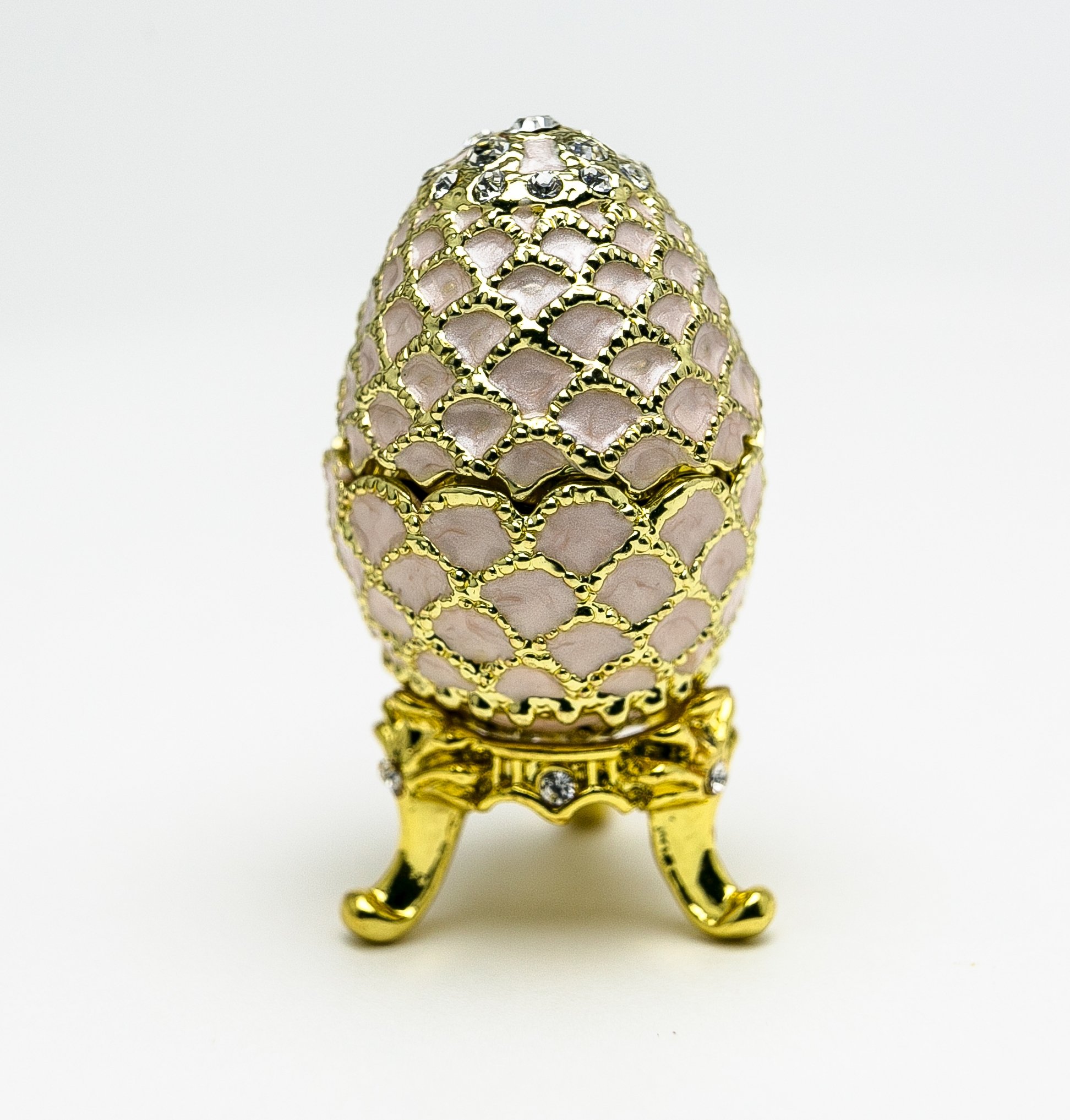 Golden Pink Faberge Egg trinket box with Austrian crystals and 24K gold plating, showcasing intricate enamel painting.