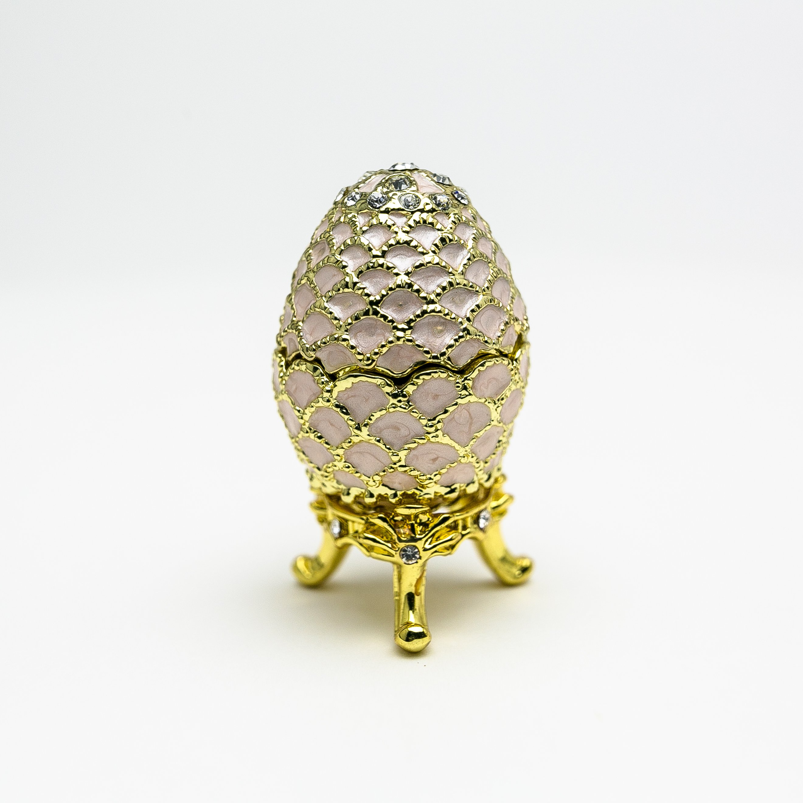 Golden Pink Faberge Egg trinket box with Austrian crystals and 24K gold plating, showcasing intricate enamel painting.