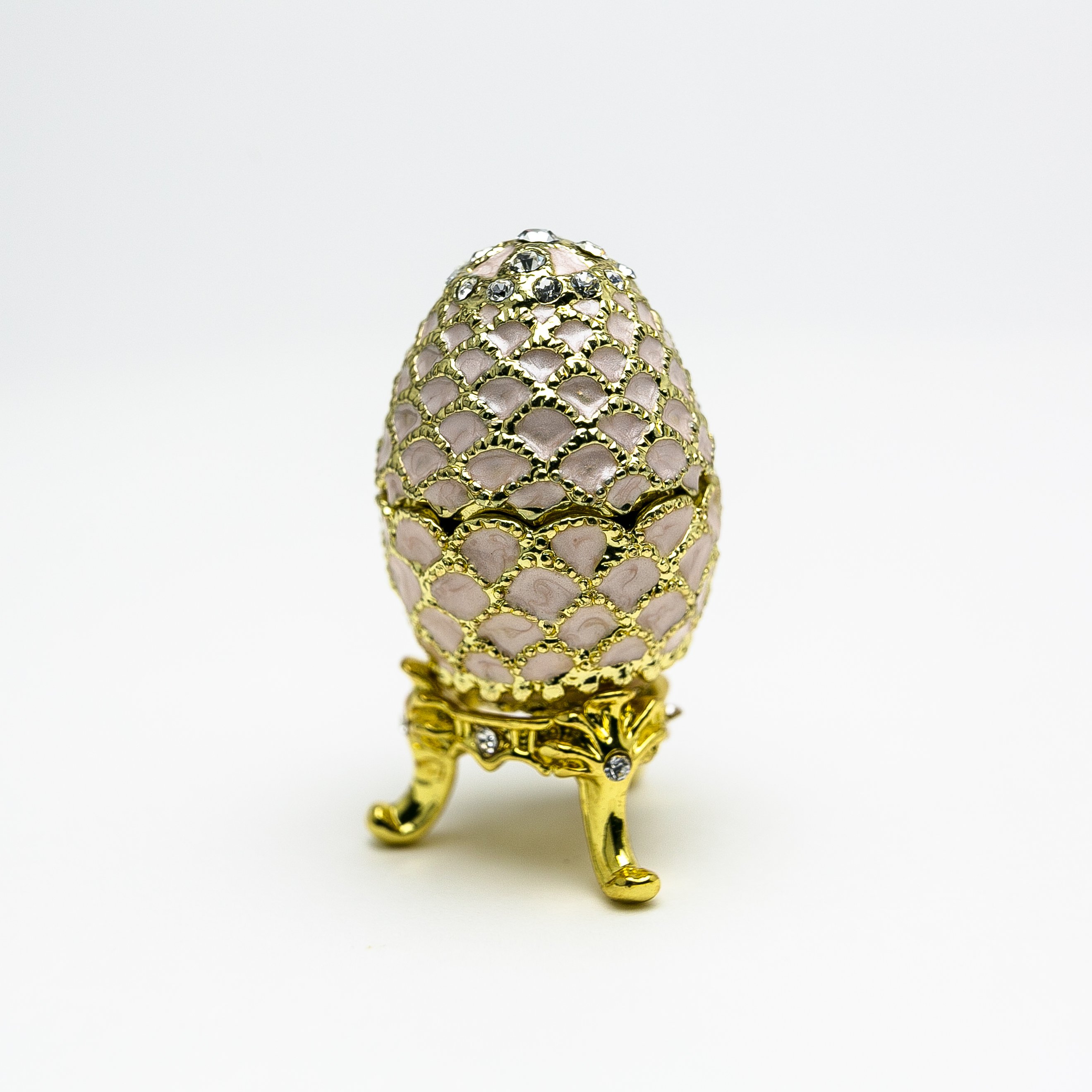 Golden Pink Faberge Egg trinket box with Austrian crystals and 24K gold plating, showcasing intricate enamel painting.