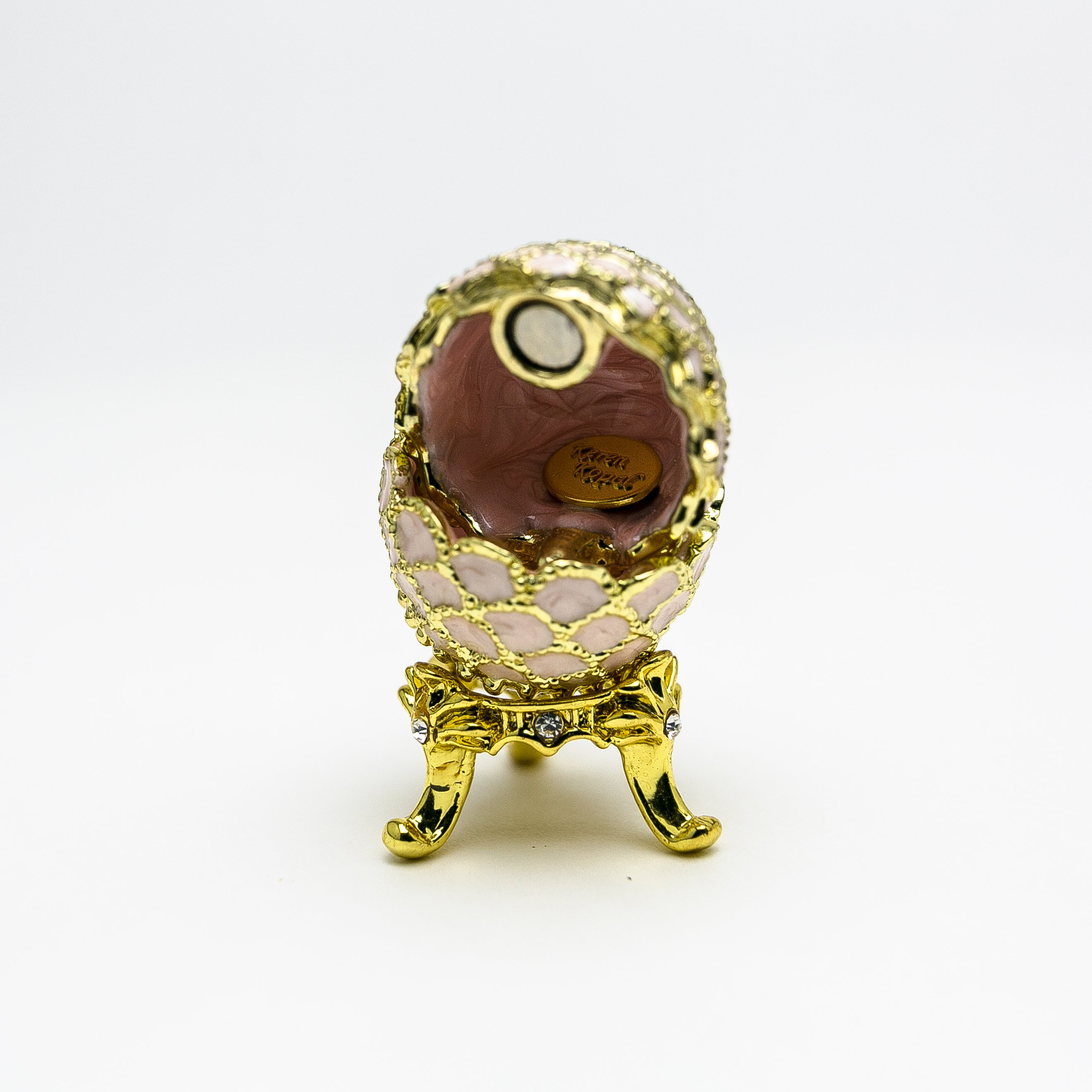 Golden Pink Faberge Egg trinket box with Austrian crystals and 24K gold plating, showcasing intricate enamel painting.