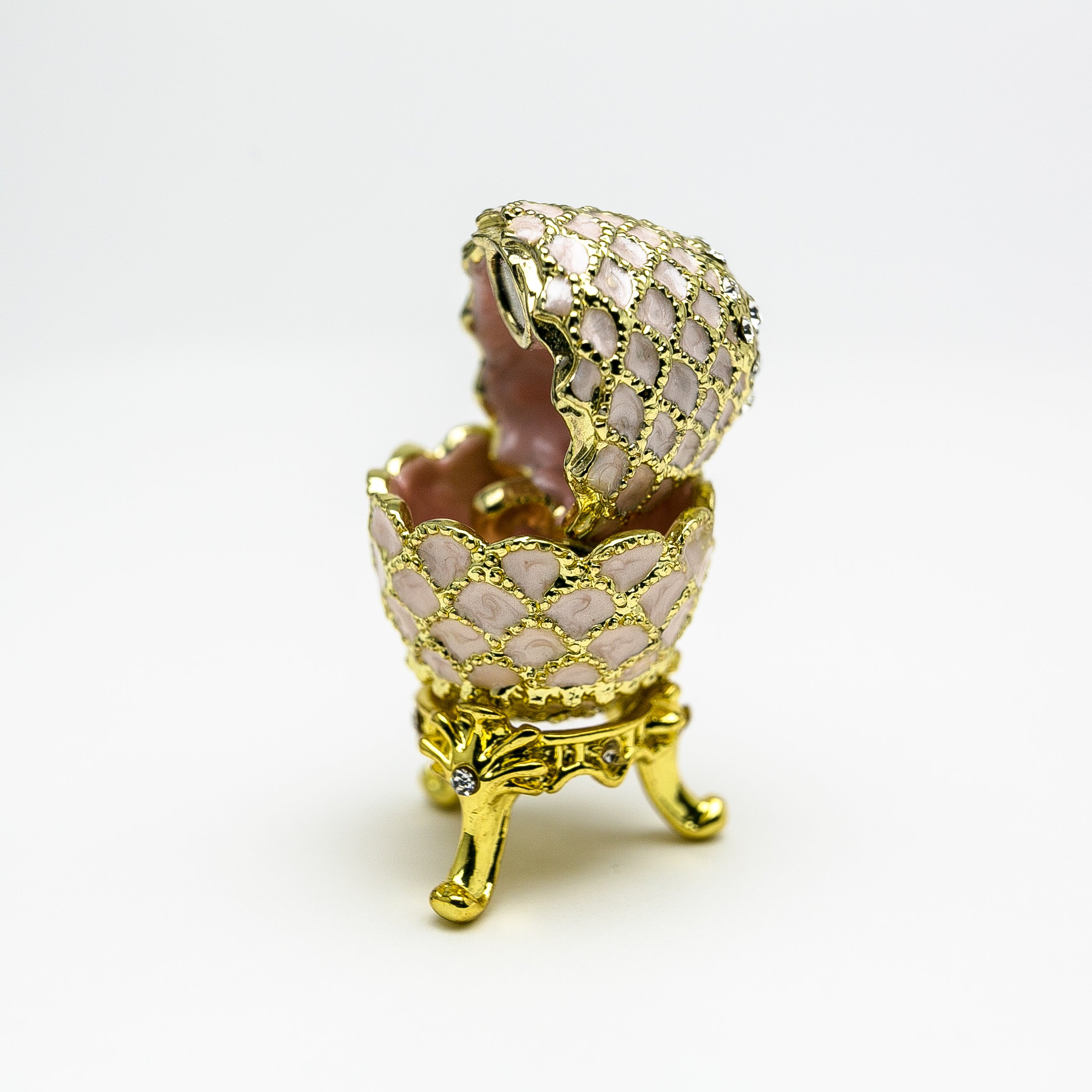 Golden Pink Faberge Egg trinket box with Austrian crystals and 24K gold plating, showcasing intricate enamel painting.