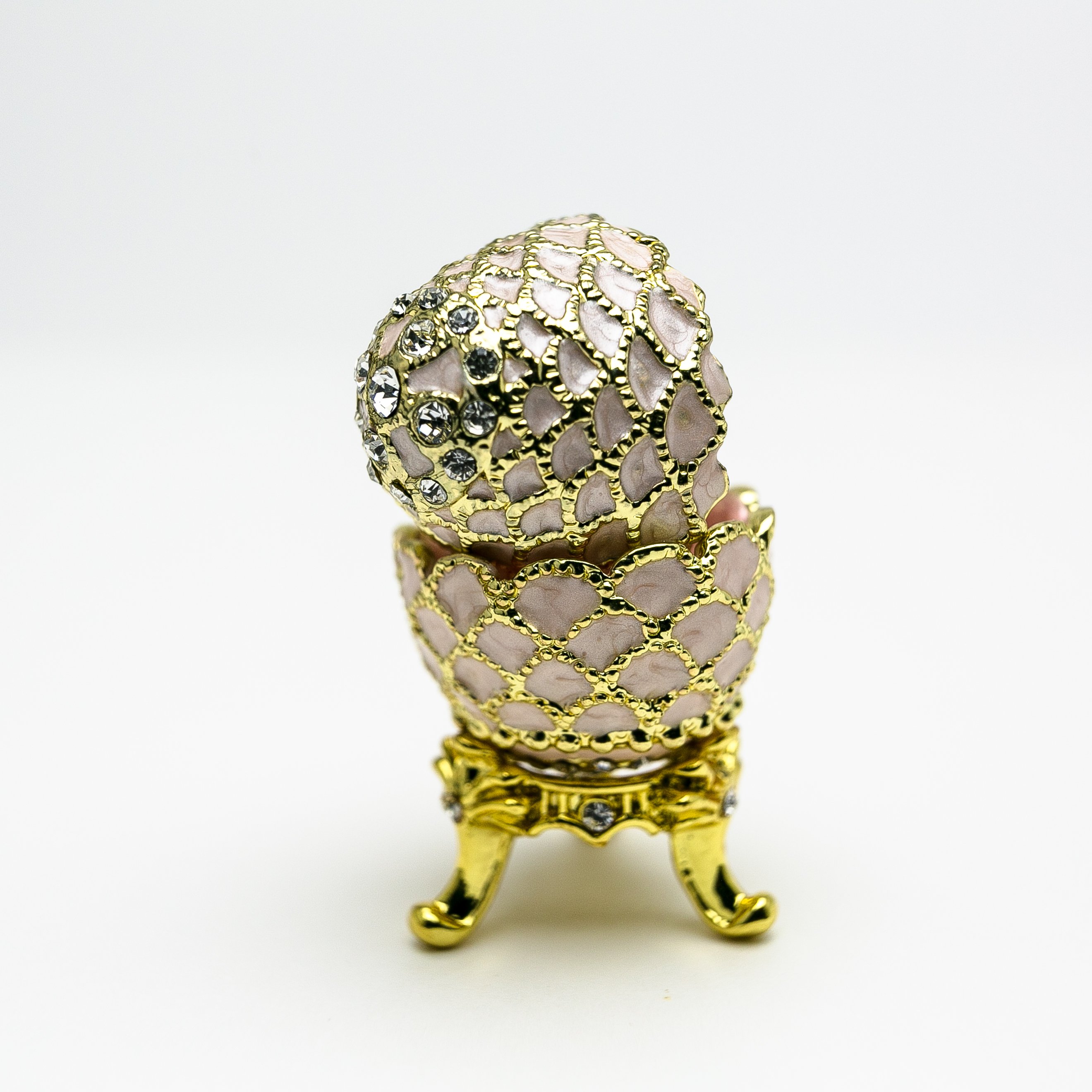 Golden Pink Faberge Egg trinket box with Austrian crystals and 24K gold plating, showcasing intricate enamel painting.