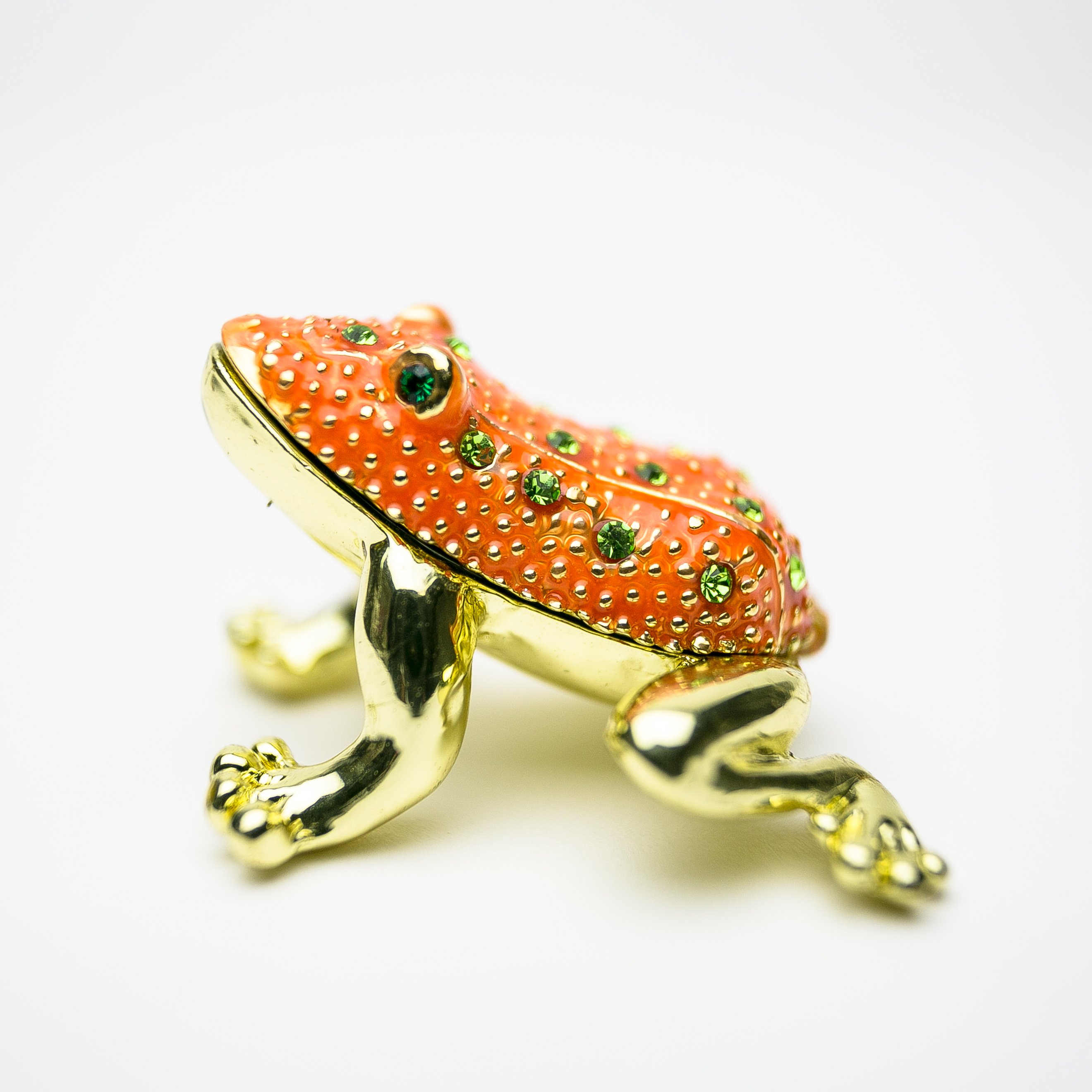 Golden Red Frog trinket box with Austrian crystals and gold plating, showcasing intricate enamel work.