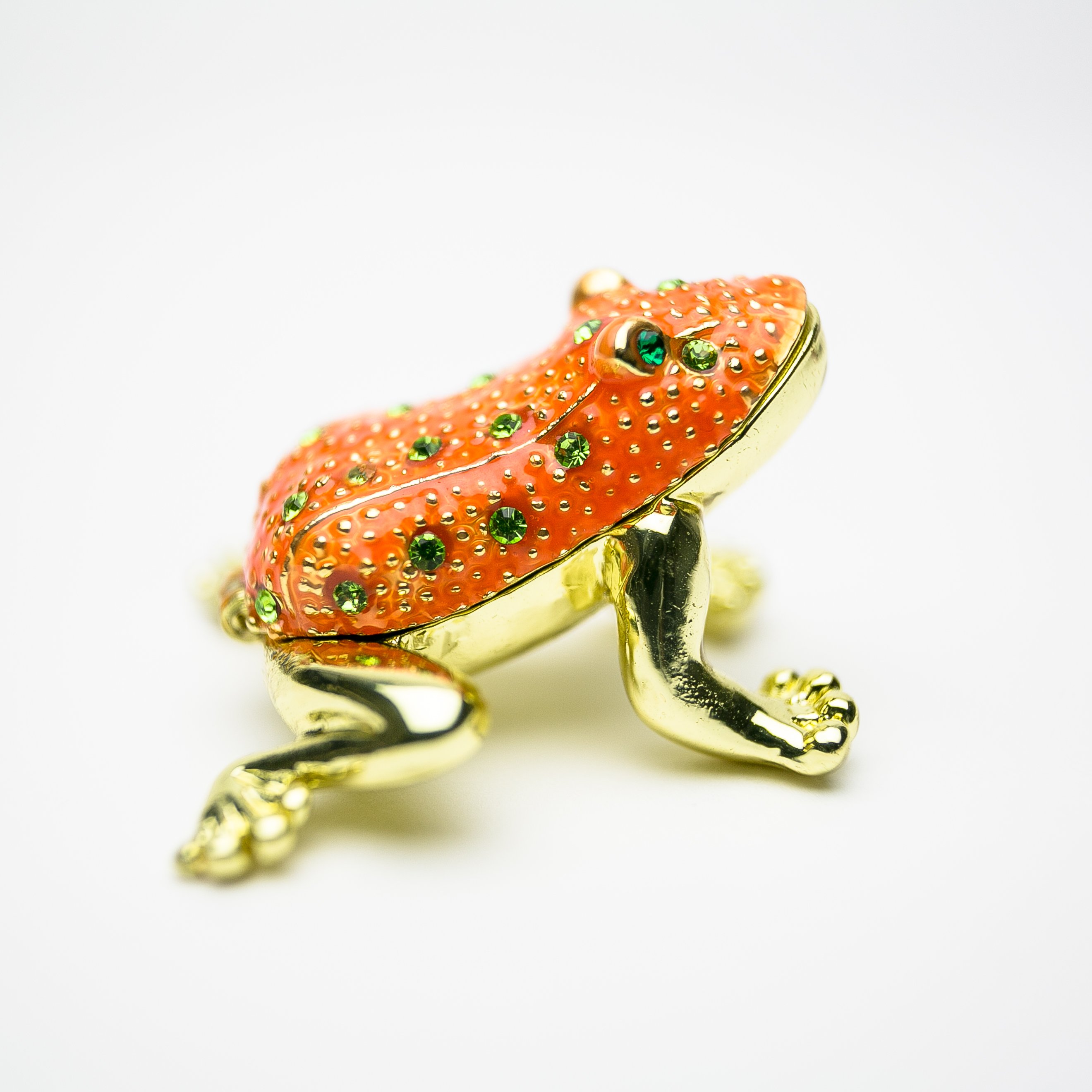 Golden Red Frog trinket box with Austrian crystals and gold plating, showcasing intricate enamel work.