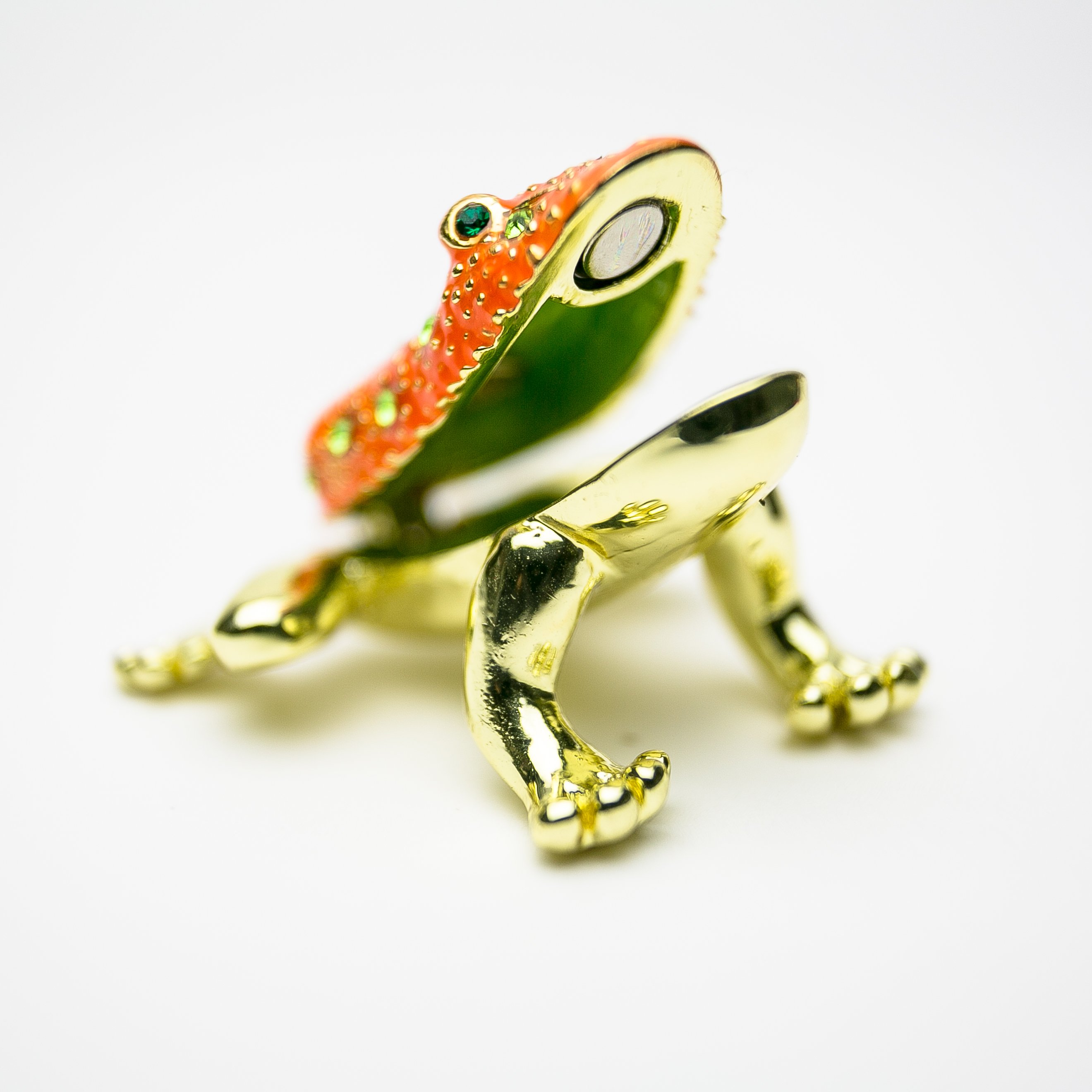 Golden Red Frog trinket box with Austrian crystals and gold plating, showcasing intricate enamel work.