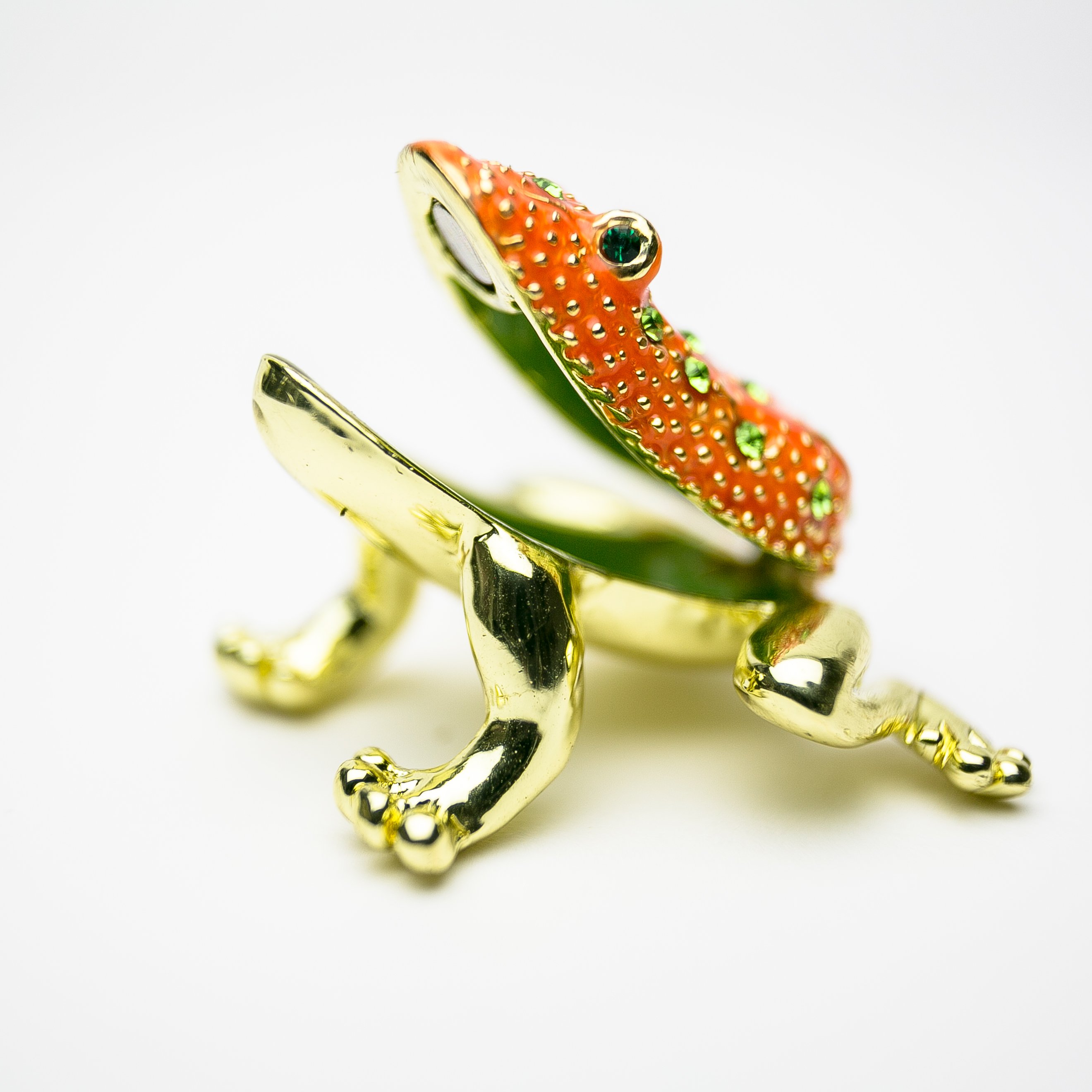 Golden Red Frog trinket box with Austrian crystals and gold plating, showcasing intricate enamel work.