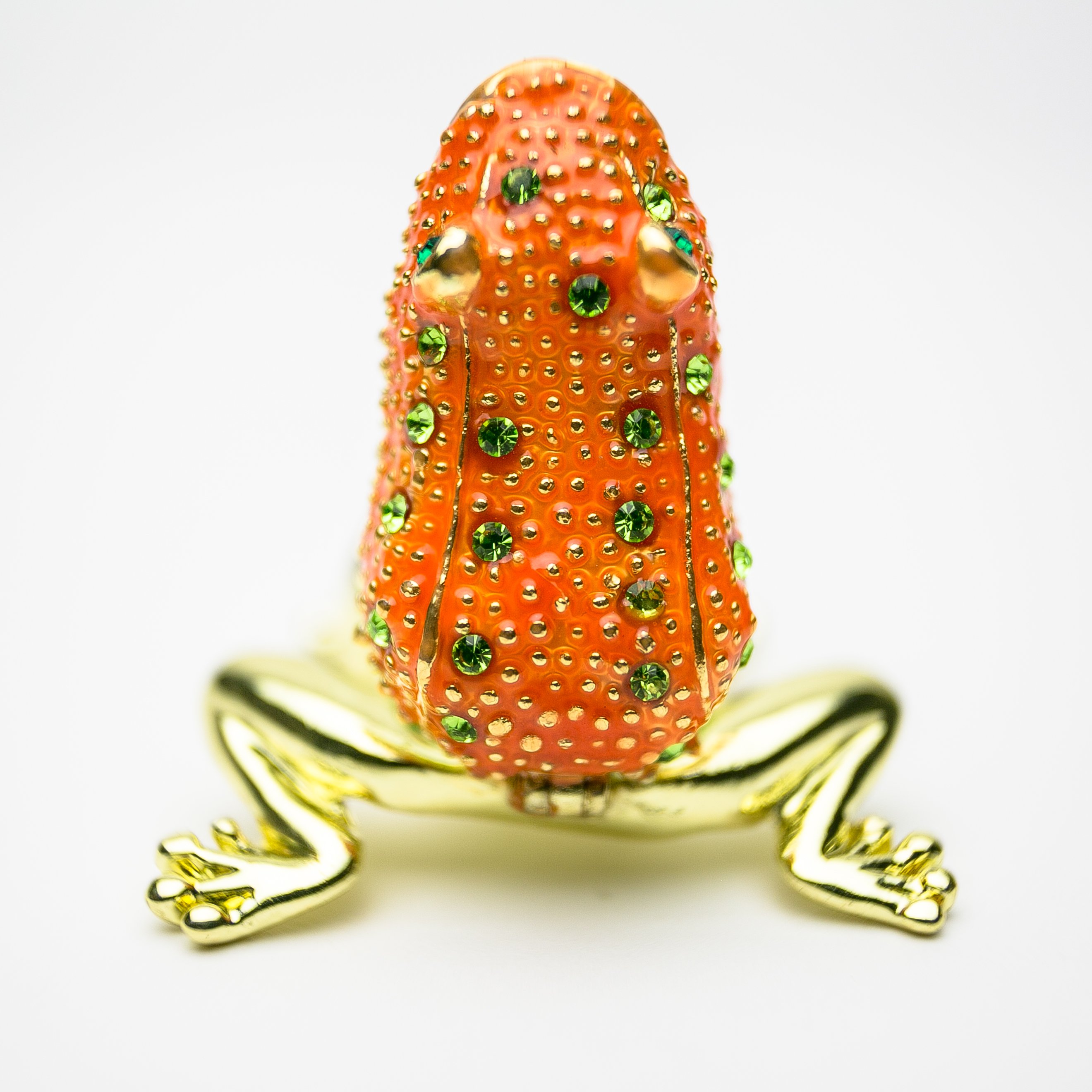 Golden Red Frog trinket box with Austrian crystals and gold plating, showcasing intricate enamel work.