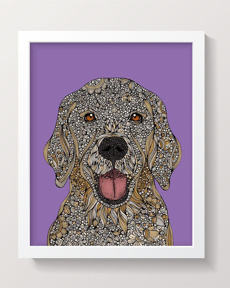 A beautiful Golden Retriever art print on 8x10 photographic paper, showcasing the dog's friendly expression and vibrant colors.