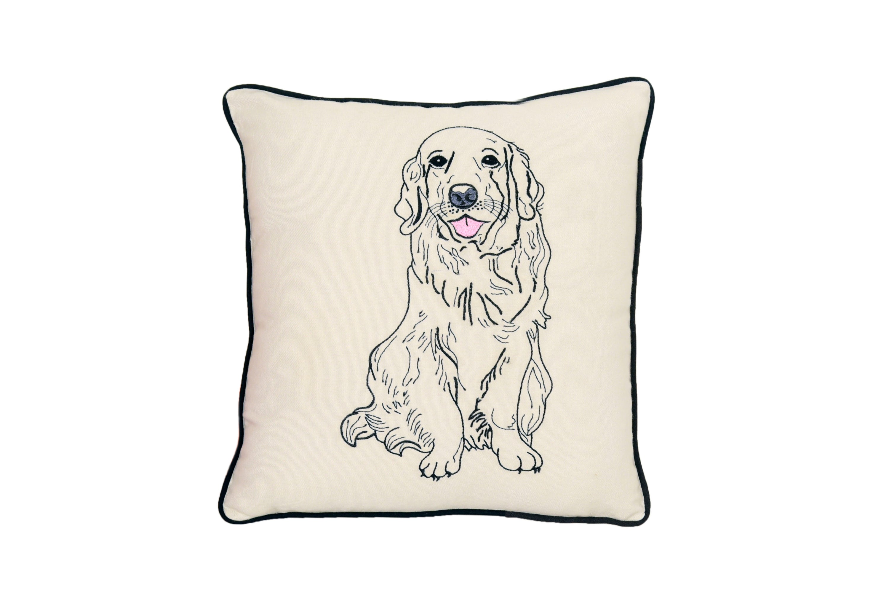 Golden Retriever Dog Pillow featuring embroidered design on cotton canvas with black piping.