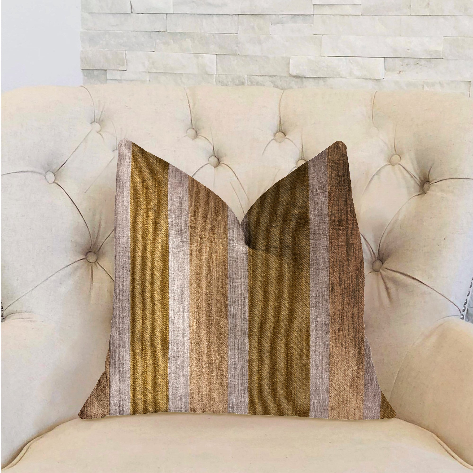 Golden Tan Lines Gold Luxury Throw Pillow with a striped design, showcasing its luxurious fabric and elegant gold color.