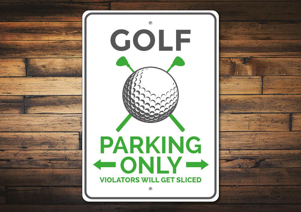 Custom Golf Parking Sign made of durable aluminum, featuring personalized text options and pre-drilled holes for easy mounting.