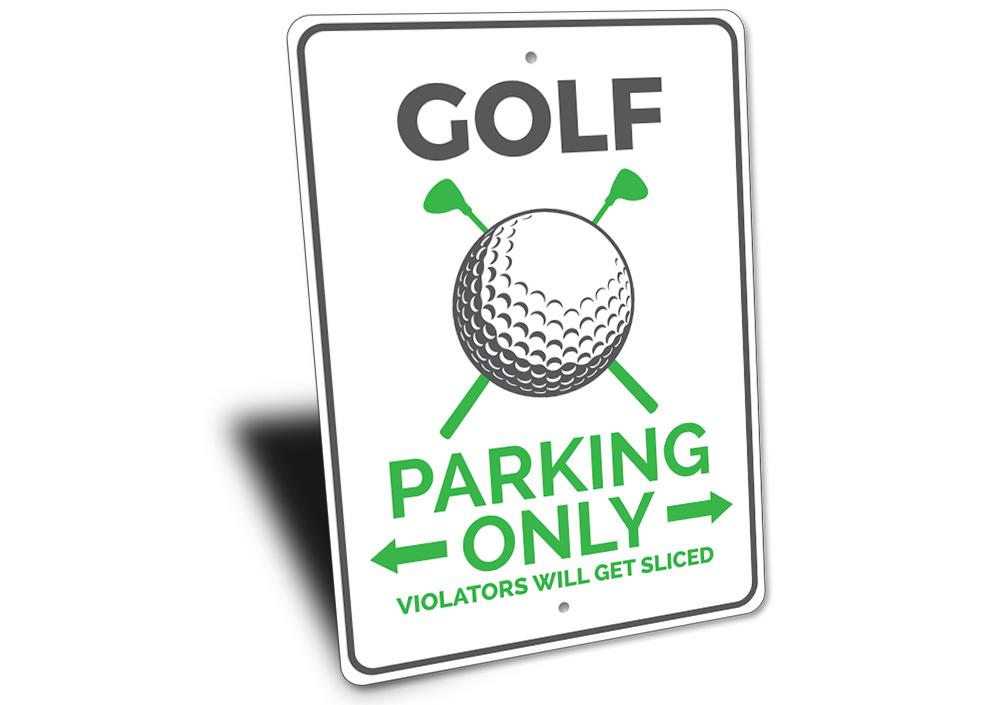 Custom Golf Parking Sign made of durable aluminum, featuring personalized text options and pre-drilled holes for easy mounting.