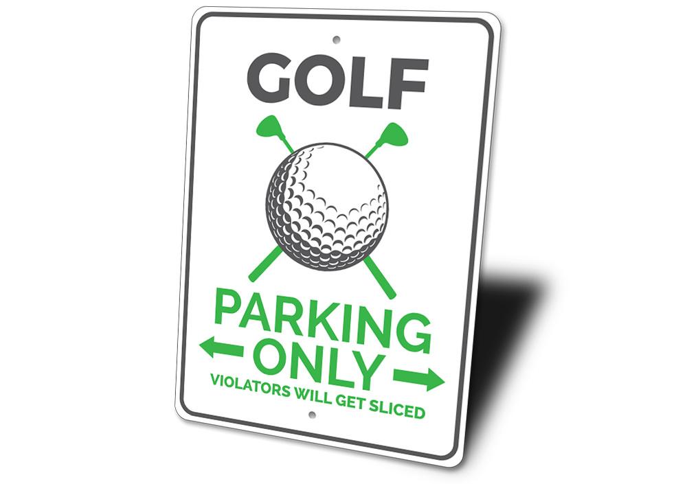 Custom Golf Parking Sign made of durable aluminum, featuring personalized text options and pre-drilled holes for easy mounting.