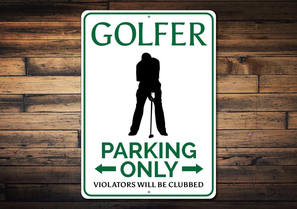 A vibrant Golfer Parking Sign made from high-quality aluminum, featuring a golfer graphic and customizable text options.