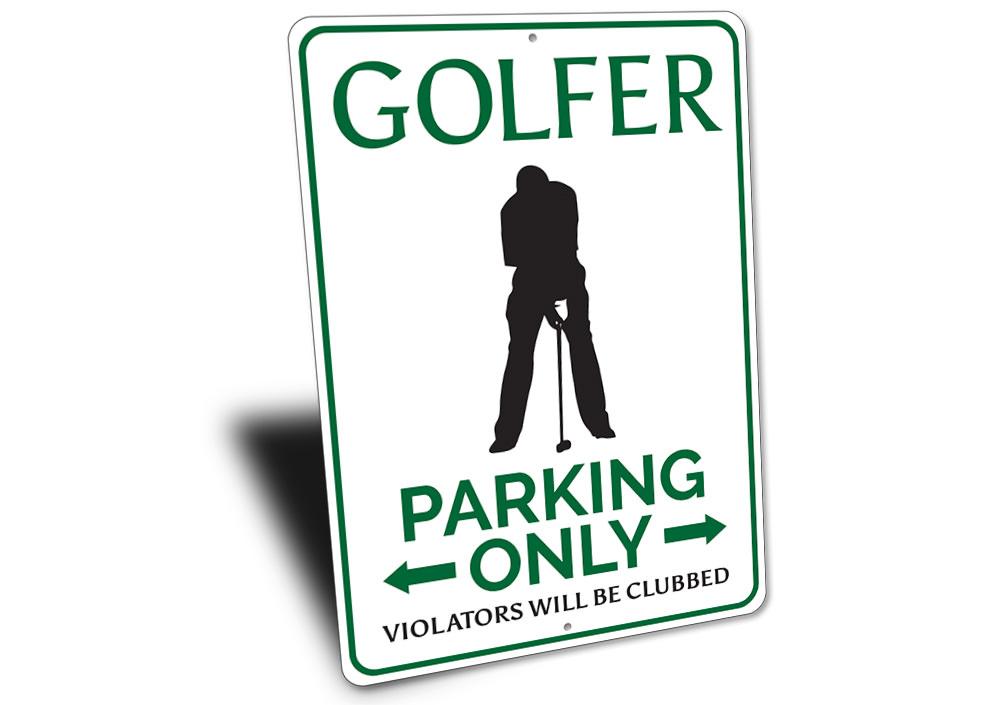 A vibrant Golfer Parking Sign made from high-quality aluminum, featuring a golfer graphic and customizable text options.