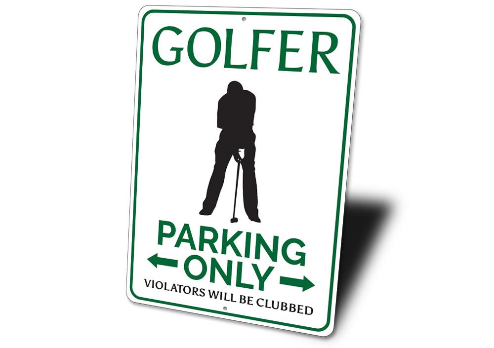 A vibrant Golfer Parking Sign made from high-quality aluminum, featuring a golfer graphic and customizable text options.