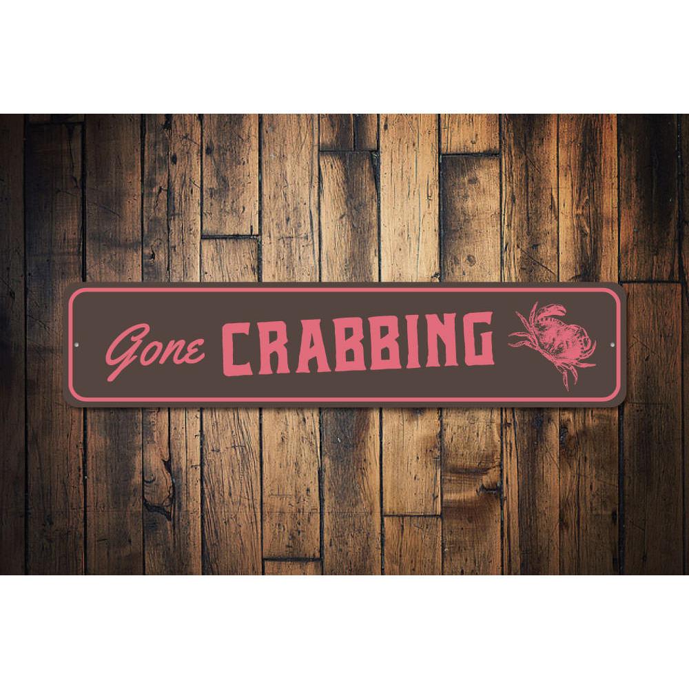 Gone Crabbing Sign made of high-quality aluminum, featuring a coastal design perfect for beach houses and seafood restaurants.