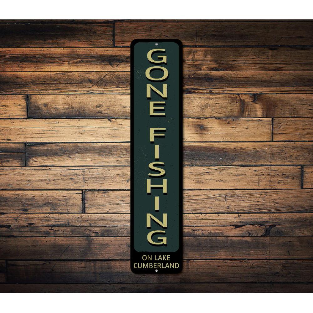 Gone Fishing Vertical Sign made of high-quality aluminum, featuring a fishing theme, perfect for lakehouse decor.