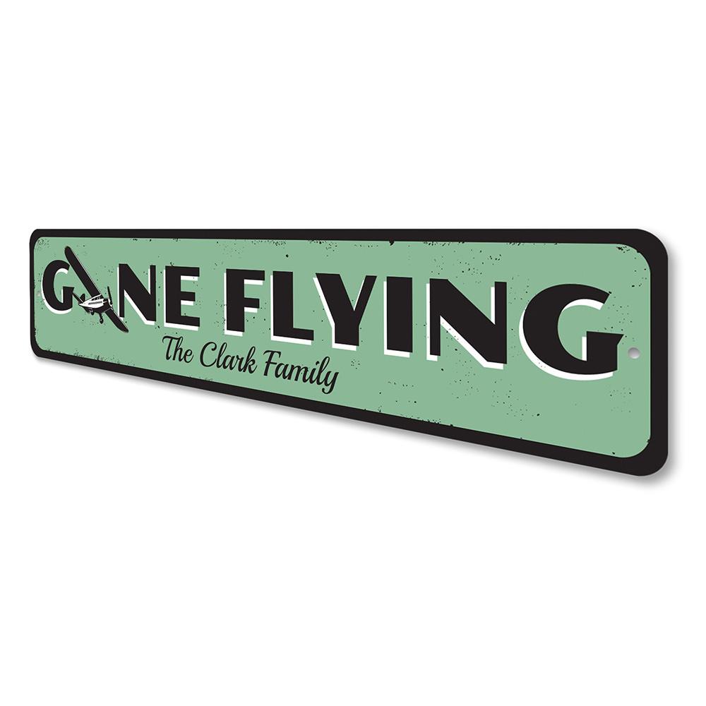 Gone Flying Sign made of high-quality aluminum, featuring customizable text and pre-drilled holes for easy mounting.