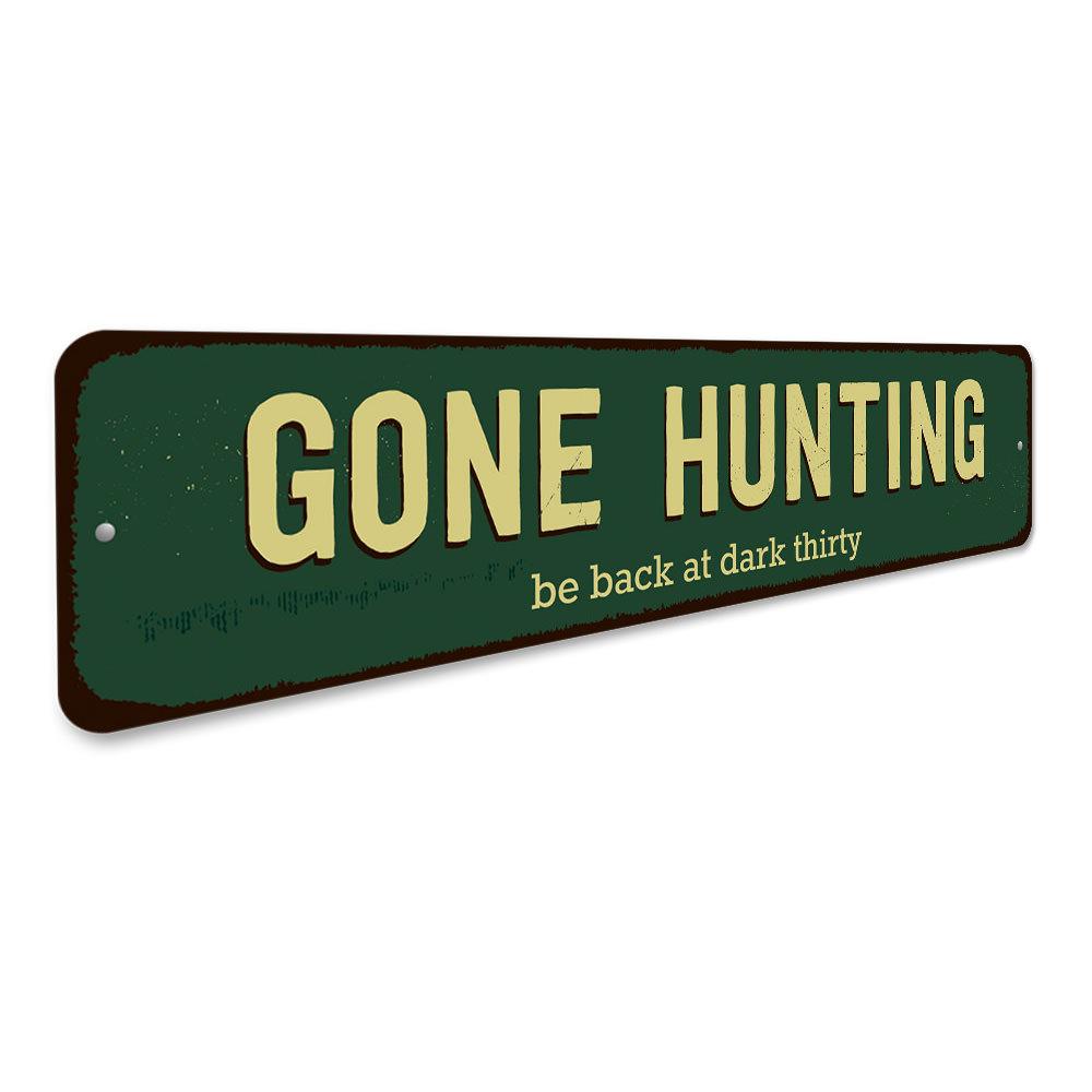 Gone Hunting Sign made of high-quality aluminum, featuring a rustic design perfect for home decor.