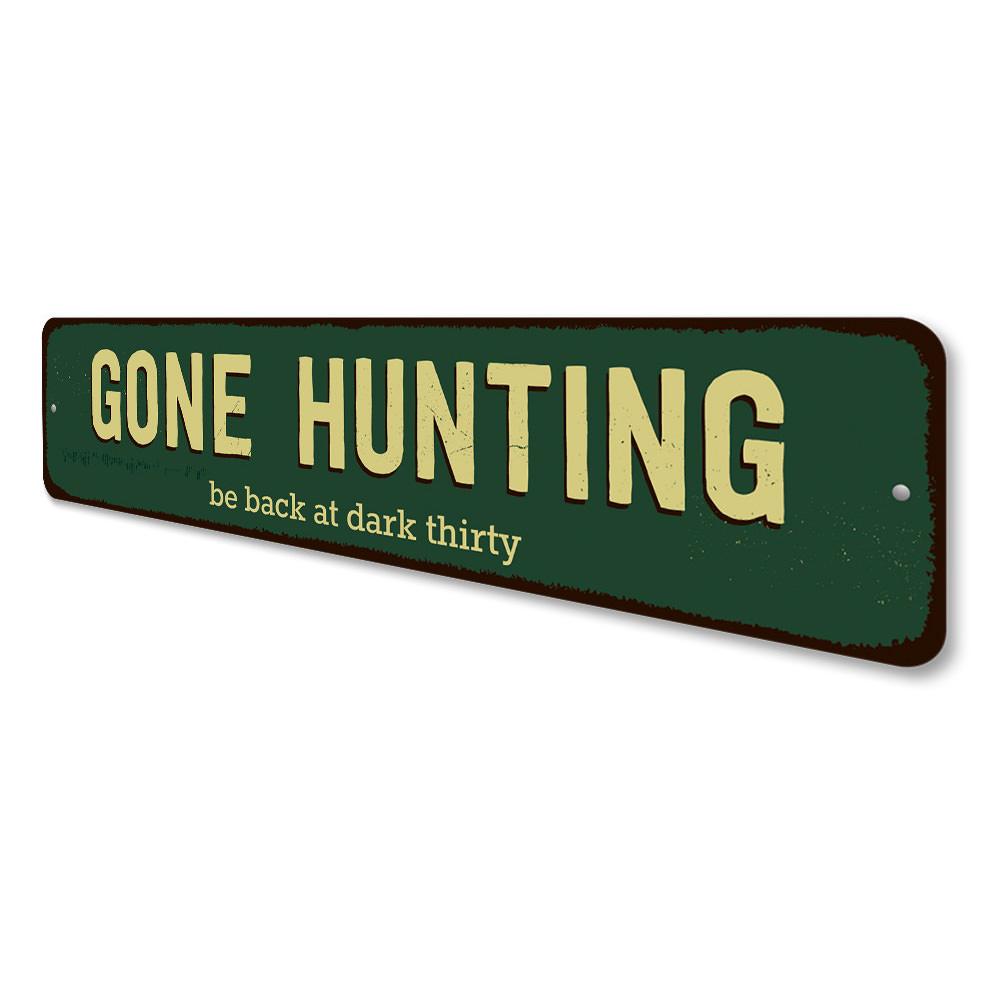 Gone Hunting Sign made of high-quality aluminum, featuring a rustic design perfect for home decor.