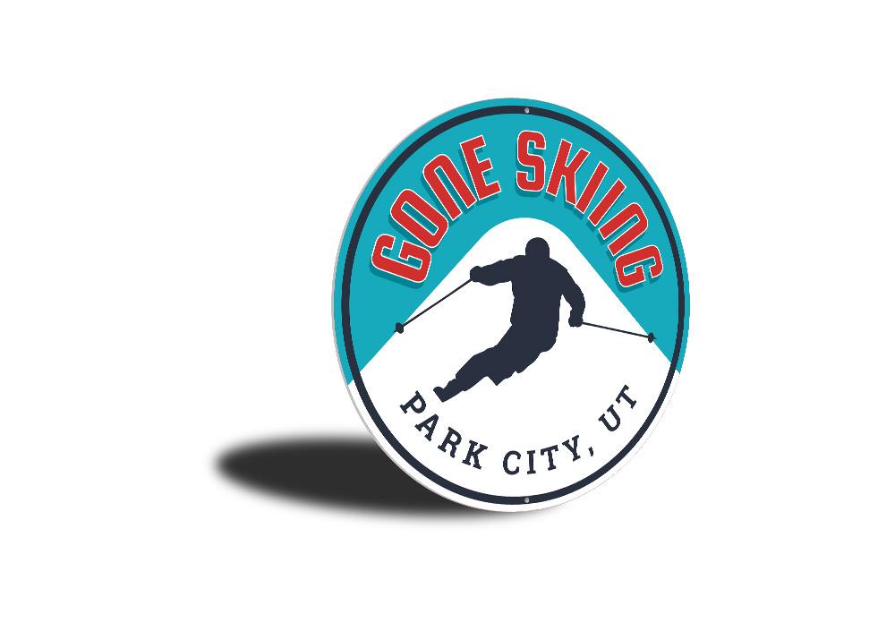 Gone Skiing Circle Sign made of high-quality aluminum, featuring a ski-themed design perfect for lodge decor.