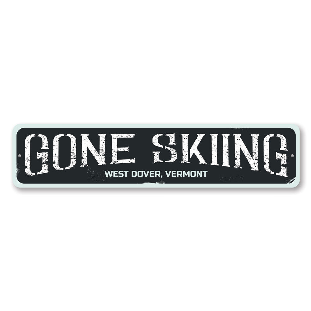 Gone Skiing Sign made of high-quality aluminum, featuring a ski-themed design, perfect for home decor.