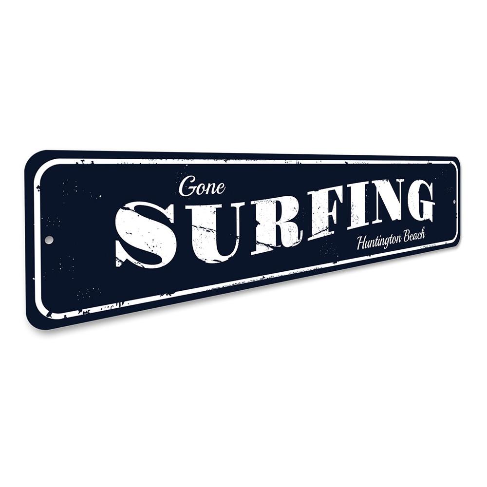 Gone Surfing Beach Sign made of high-quality aluminum, featuring a vibrant design perfect for coastal decor.