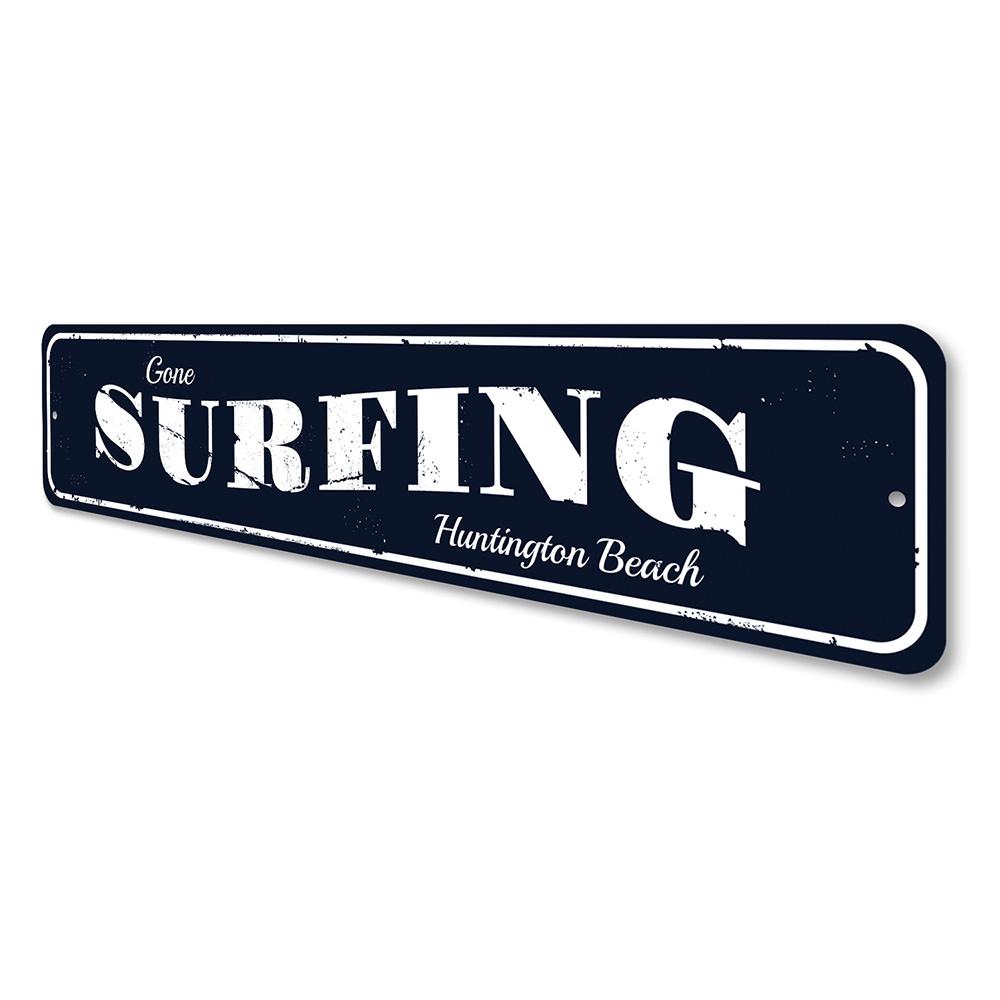 Gone Surfing Beach Sign made of high-quality aluminum, featuring a vibrant design perfect for coastal decor.