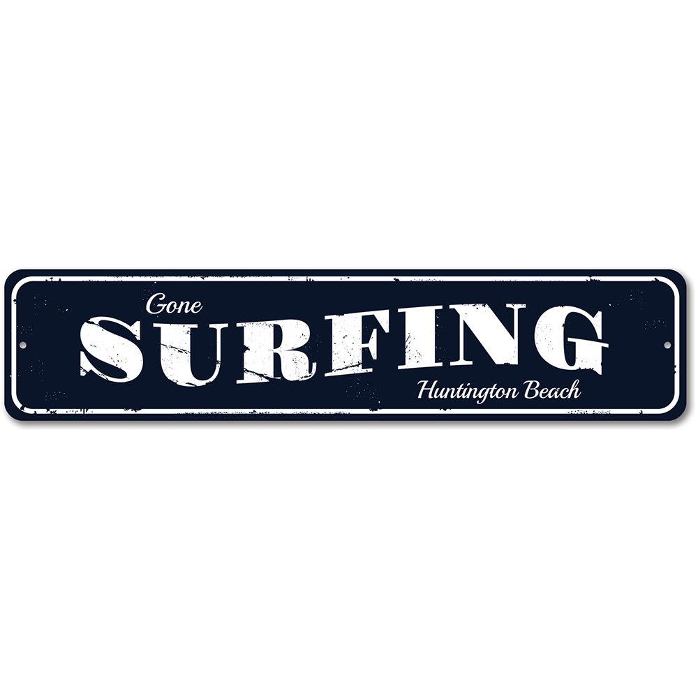 Gone Surfing Beach Sign made of high-quality aluminum, featuring a vibrant design perfect for coastal decor.