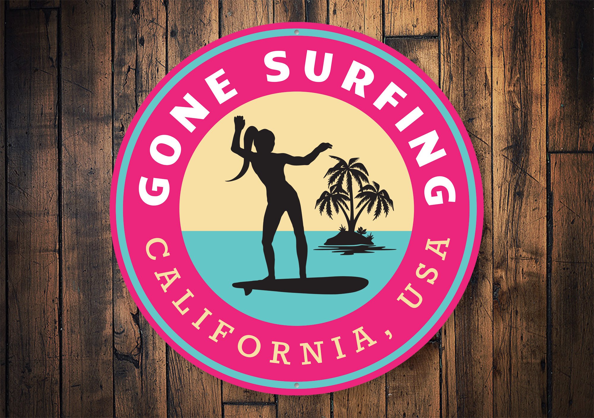 Gone Surfing California Sign made of high-quality aluminum, featuring vibrant colors and customizable text, perfect for beach-themed decor.