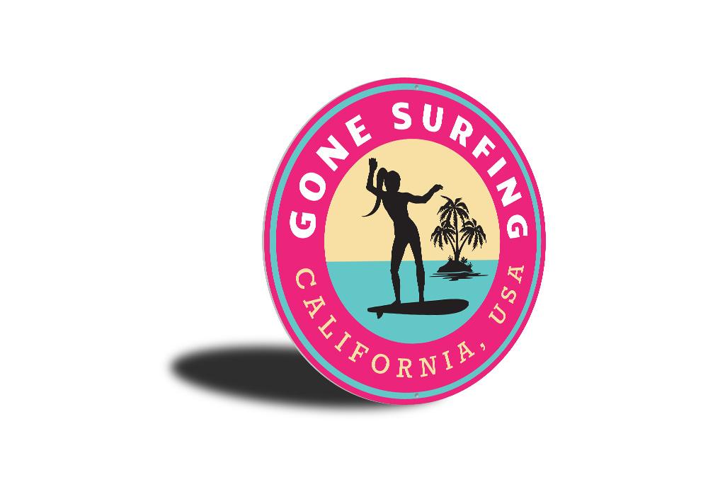 Gone Surfing California Sign made of high-quality aluminum, featuring vibrant colors and customizable text, perfect for beach-themed decor.