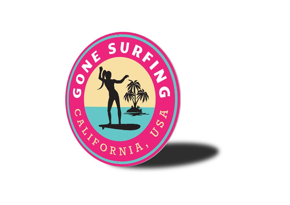 Gone Surfing California Sign made of high-quality aluminum, featuring vibrant colors and customizable text, perfect for beach-themed decor.