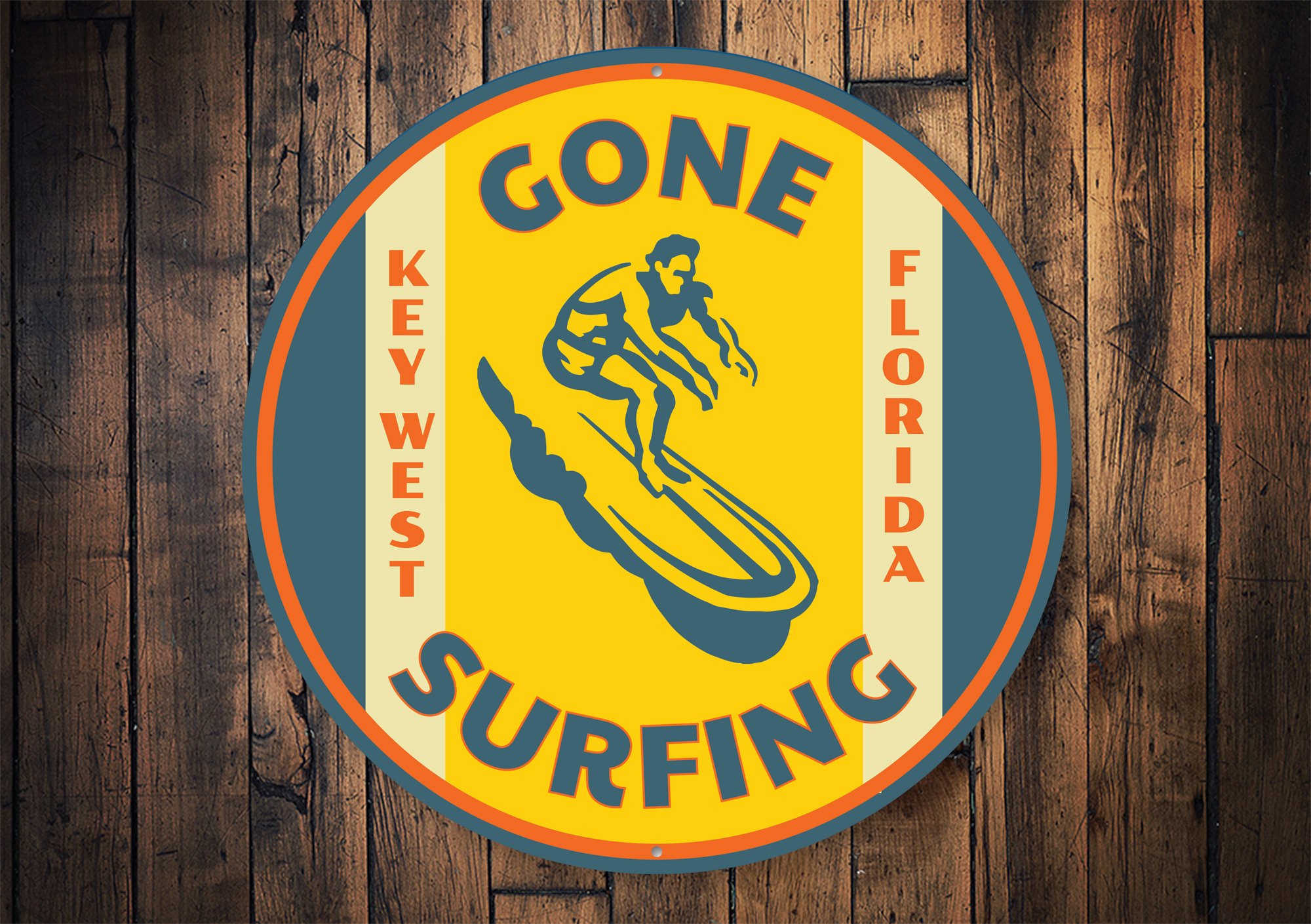 Gone Surfing Key West Florida decorative sign made of aluminum, featuring vibrant colors and a beach-themed design, perfect for coastal decor.