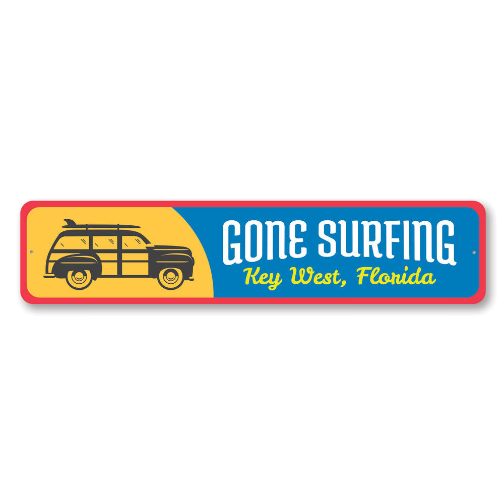 Gone Surfing Key West Sign made of high-quality aluminum, featuring vibrant colors and a beach-themed design, perfect for coastal decor.